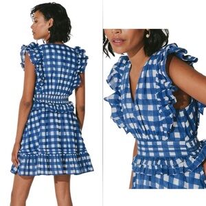 Cleobella Benny Mini Dress Blue White Gingham Plaid Block Print Ruffles India XS